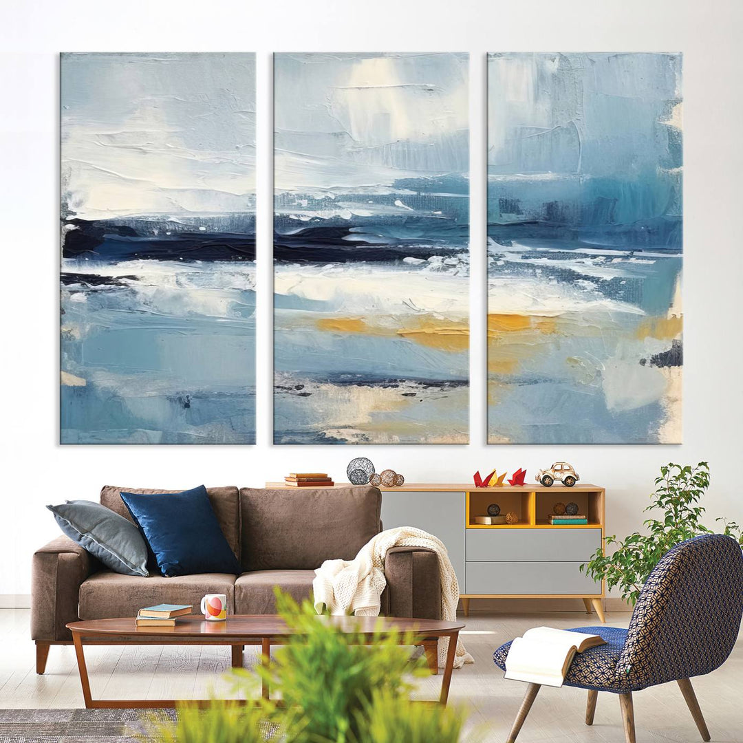 Abstract Ocean Canvas Wall Art - Coastal Blue and Gold Textured Painting, Modern Seascape Decor for Living Room Decor