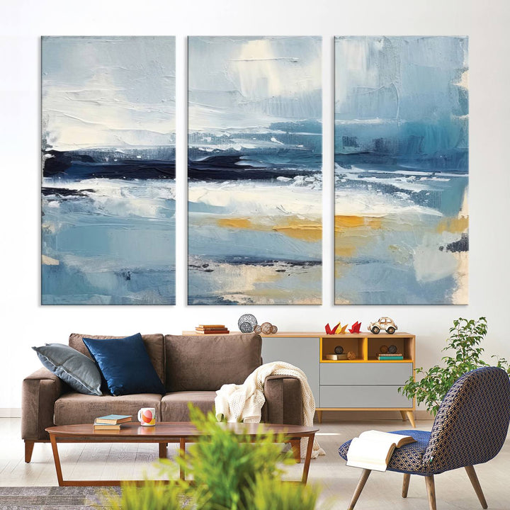 Abstract Ocean Canvas Wall Art - Coastal Blue and Gold Textured Painting, Modern Seascape Decor for Living Room Decor