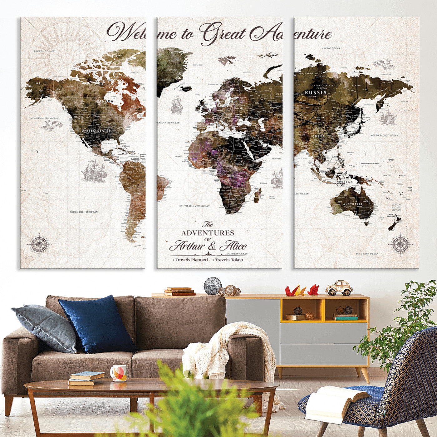 35778202-MGV-CV-36X24-Custom Push Pin World Map Wall Canvas Print – Personalized Travel Map with Pins – Framed Large Canvas for Home Office Decor