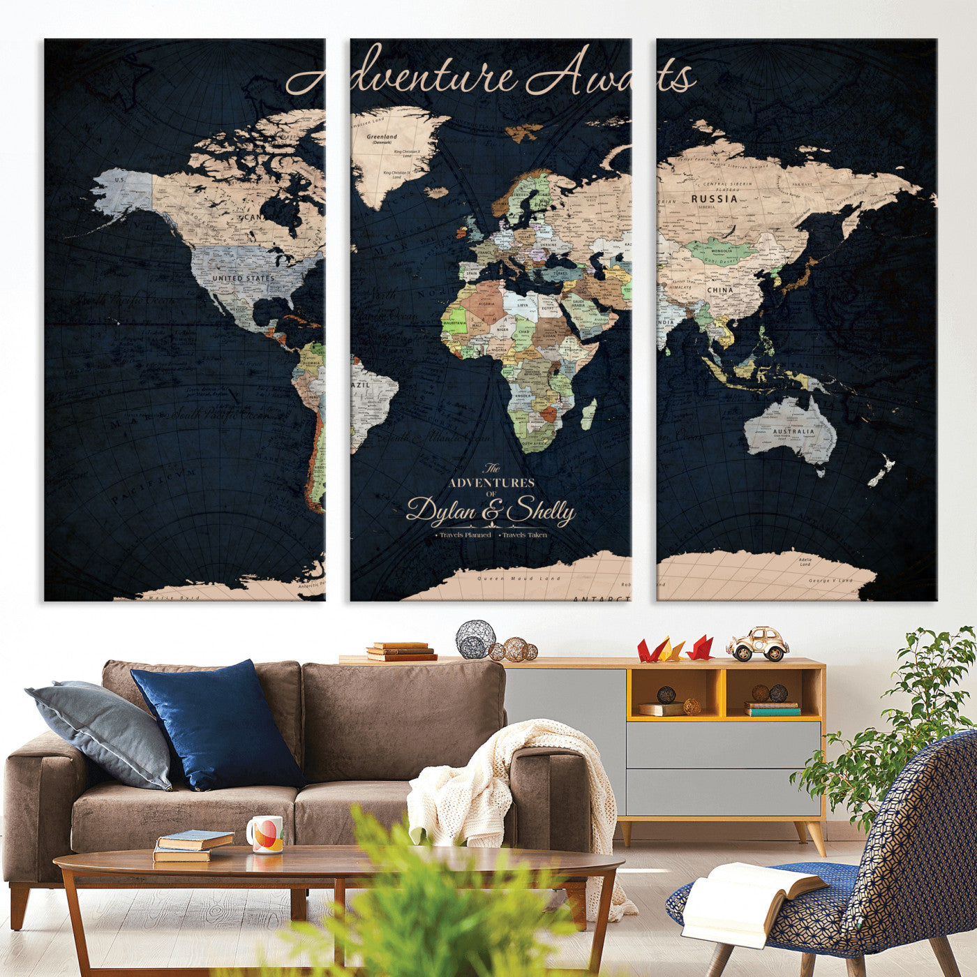 43186793-MGV-CV-30X20-Personalized World Map Print, Customizable Push Pin Framed World Map Print on Canvas - Custom Quote on Map Print