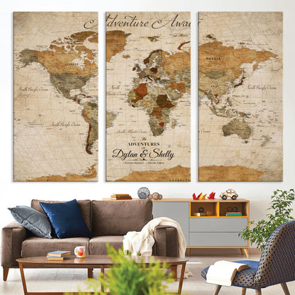 20810820-MGV-CV-30X20-Personalized World Map Print, Customizable Push Pin Framed World Map Print on Canvas - Custom Quote on Map Print