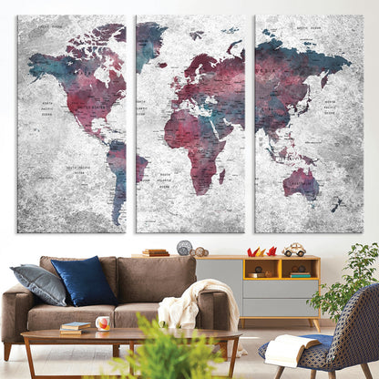 Push Pin World Map Canvas Print – Framed Wall Art for Couples to Track Their Travels – Anniversary Gift or Home Adventure Decor