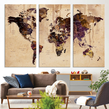 Push Pin World Map Canvas Print – Framed Wall Art for Couples to Track Their Travels – Anniversary Gift or Home Adventure Decor