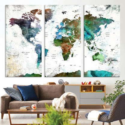 Push Pin World Map Canvas Print – Framed Wall Art for Couples to Track Their Travels – Anniversary Gift or Home Adventure Decor