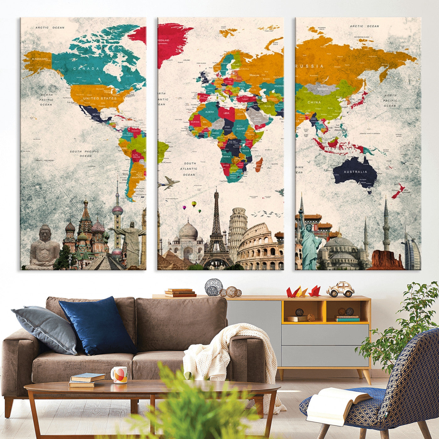 Push Pin World Map Canvas Print – Framed Wall Art for Couples to Track Their Travels – Anniversary Gift or Home Adventure Decor