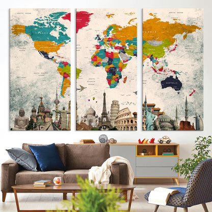 Push Pin World Map Canvas Print – Framed Wall Art for Couples to Track Their Travels – Anniversary Gift or Home Adventure Decor