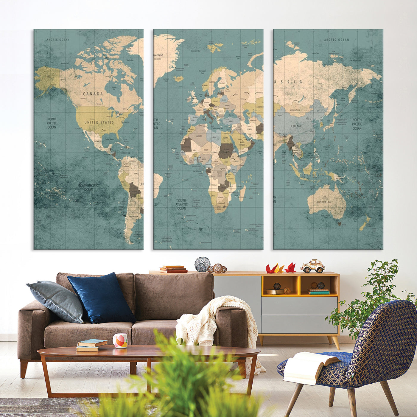 Classic World Map Wall Art Canvas Print, Framed Retro Map Art Picture Print, Vintage Atlas Perfect Rustic Explorer Decor Artwork