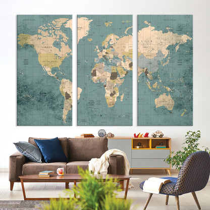 Classic World Map Wall Art Canvas Print, Framed Retro Map Art Picture Print, Vintage Atlas Perfect Rustic Explorer Decor Artwork