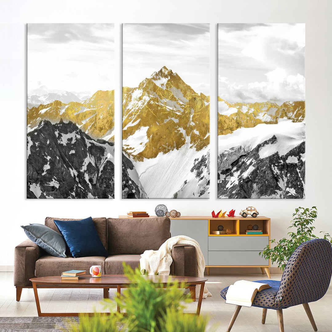 Gold Abstract Mountains Wall Art Print on Canvas, Nature Wall Art Print,