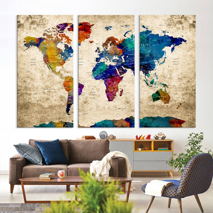 Push Pin World Map Canvas Print – Framed Wall Art for Couples to Track Their Travels – Anniversary Gift or Home Adventure Decor