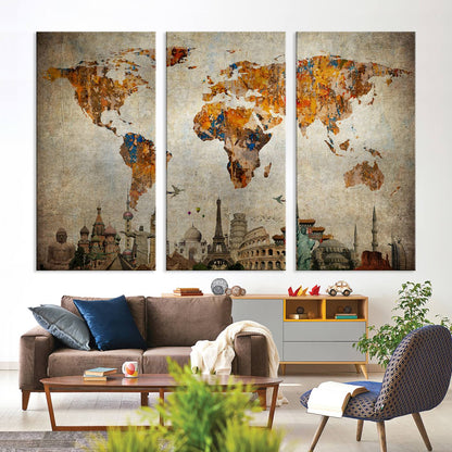 Push Pin World Map Canvas Print – Framed Wall Art for Couples to Track Their Travels – Anniversary Gift or Home Adventure Decor
