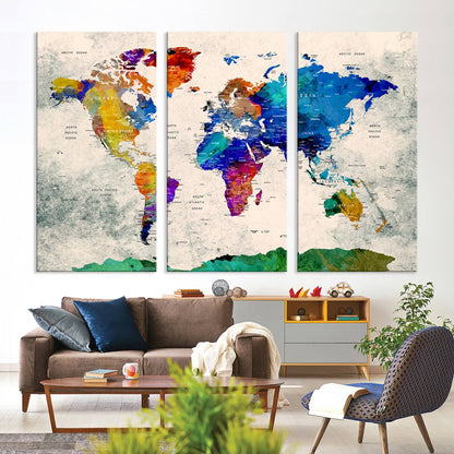 Push Pin World Map Canvas Print – Framed Wall Art for Couples to Track Their Travels – Anniversary Gift or Home Adventure Decor