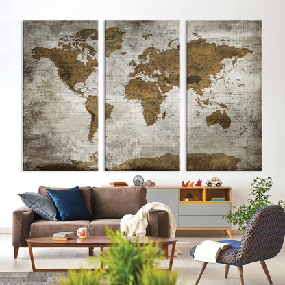 Push Pin World Map Canvas Print – Framed Wall Art for Couples to Track Their Travels – Anniversary Gift or Home Adventure Decor