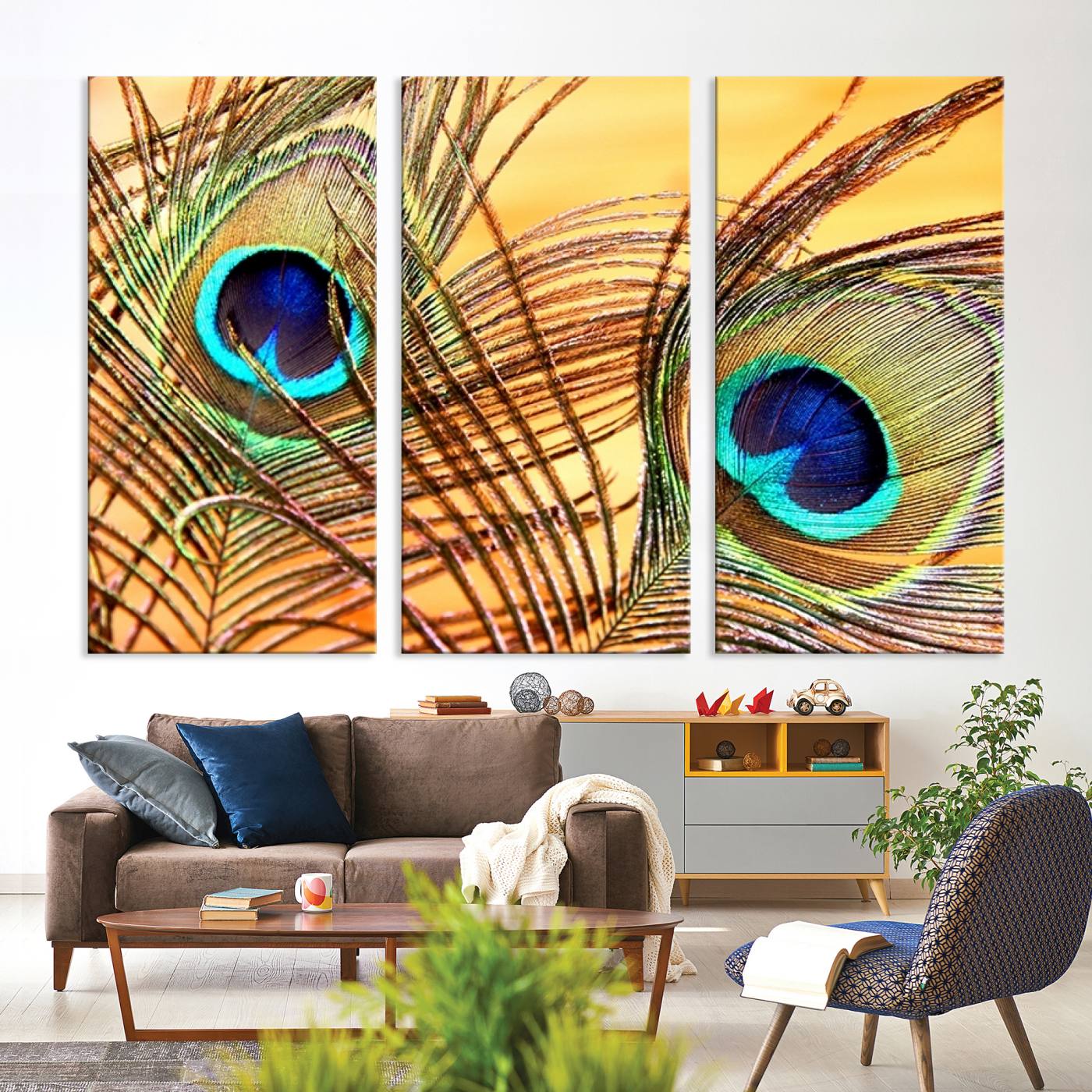 Peacock Feather Wall Art Print - Vibrant Green, Blue, and Orange Peacock Feather Design, Ready to Hang