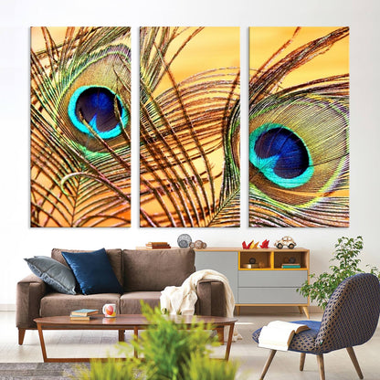 Peacock Feather Wall Art Print - Vibrant Green, Blue, and Orange Peacock Feather Design, Ready to Hang