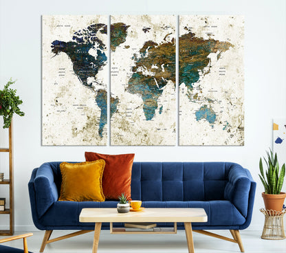 Vintage World Map Wall Art Canvas Print, Framed Rustic Earth Map Art Picture Print, Antique Map Perfect Rustic Vintage Decor Artwork