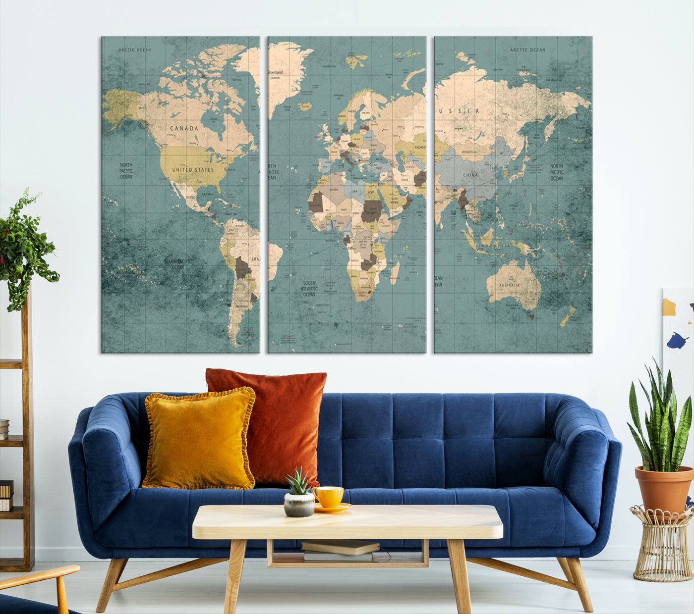 Classic World Map Wall Art Canvas Print, Framed Retro Map Art Picture Print, Vintage Atlas Perfect Rustic Explorer Decor Artwork