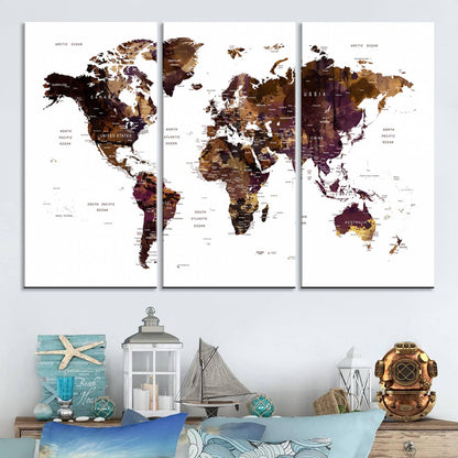 Push Pin World Map Canvas Print – Framed Wall Art for Couples to Track Their Travels – Anniversary Gift or Home Adventure Decor