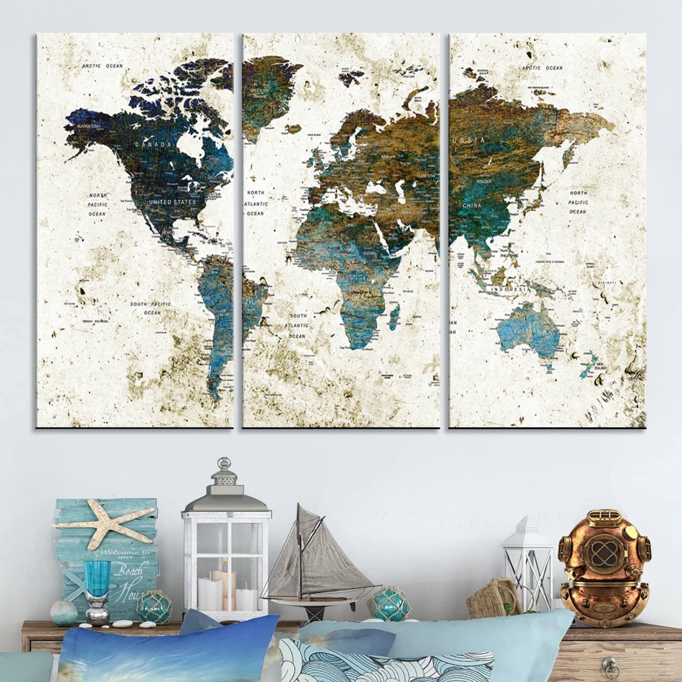 Push Pin World Map Canvas Print – Framed Wall Art for Couples to Track Their Travels – Anniversary Gift or Home Adventure Decor
