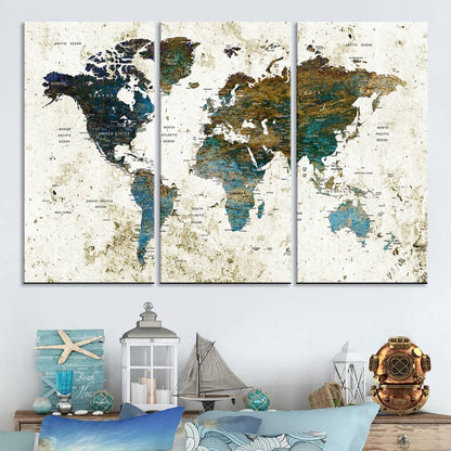 Push Pin World Map Canvas Print – Framed Wall Art for Couples to Track Their Travels – Anniversary Gift or Home Adventure Decor