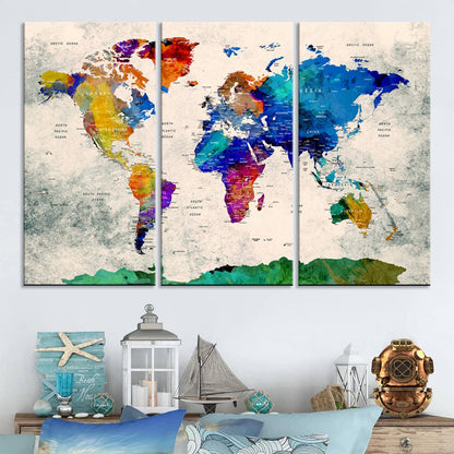 Push Pin World Map Canvas Print – Framed Wall Art for Couples to Track Their Travels – Anniversary Gift or Home Adventure Decor
