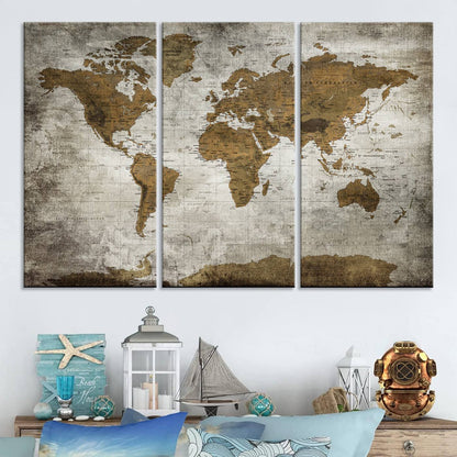 Push Pin World Map Canvas Print – Framed Wall Art for Couples to Track Their Travels – Anniversary Gift or Home Adventure Decor