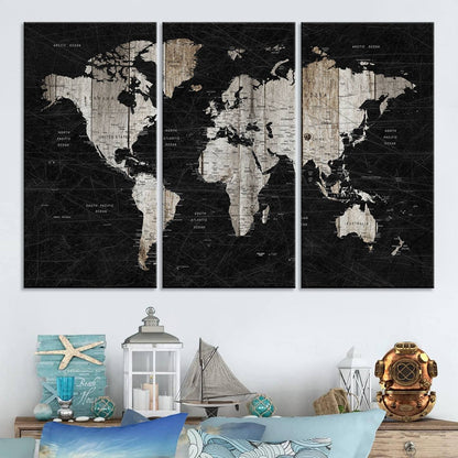 Push Pin World Map Canvas Print – Framed Wall Art for Couples to Track Their Travels – Anniversary Gift or Home Adventure Decor
