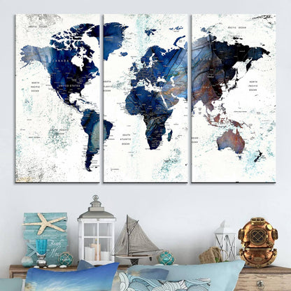 Push Pin World Map Canvas Print – Framed Wall Art for Couples to Track Their Travels – Anniversary Gift or Home Adventure Decor