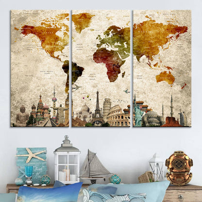 Push Pin World Map Canvas Print – Framed Wall Art for Couples to Track Their Travels – Anniversary Gift or Home Adventure Decor