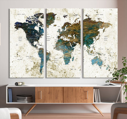 Vintage World Map Wall Art Canvas Print, Framed Rustic Earth Map Art Picture Print, Antique Map Perfect Rustic Vintage Decor Artwork