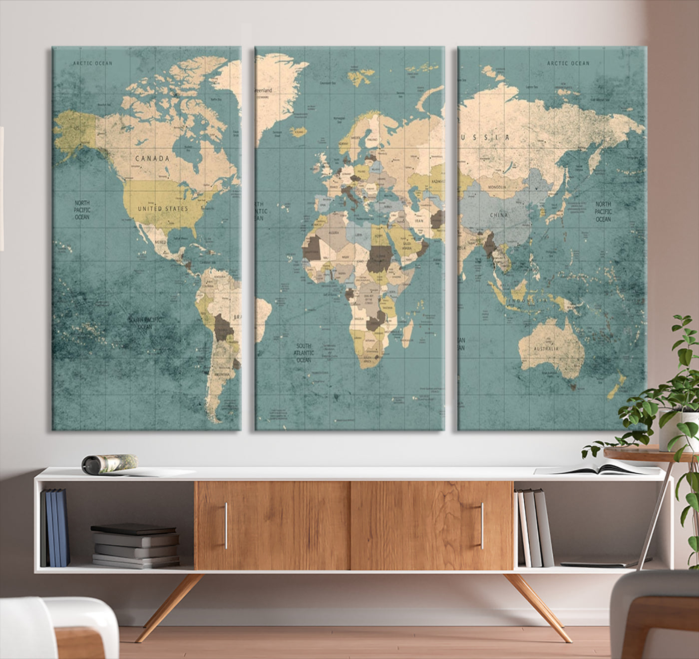 Classic World Map Wall Art Canvas Print, Framed Retro Map Art Picture Print, Vintage Atlas Perfect Rustic Explorer Decor Artwork