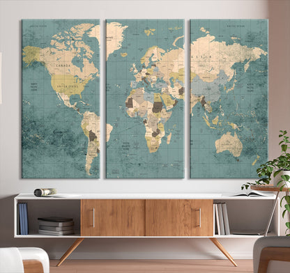 Classic World Map Wall Art Canvas Print, Framed Retro Map Art Picture Print, Vintage Atlas Perfect Rustic Explorer Decor Artwork