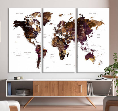 Push Pin World Map Canvas Print – Framed Wall Art for Couples to Track Their Travels – Anniversary Gift or Home Adventure Decor
