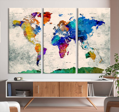 Push Pin World Map Canvas Print – Framed Wall Art for Couples to Track Their Travels – Anniversary Gift or Home Adventure Decor