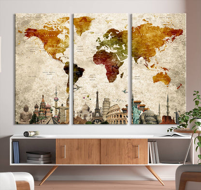 Push Pin World Map Canvas Print – Framed Wall Art for Couples to Track Their Travels – Anniversary Gift or Home Adventure Decor