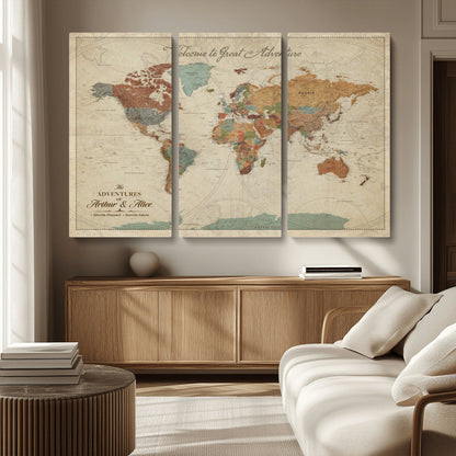 17587858-MGV-CV-36X24-Custom Push Pin World Map Wall Canvas Print – Personalized Travel Tracker with Pins – Framed Custom Quotie Canvas for Home Office Decor