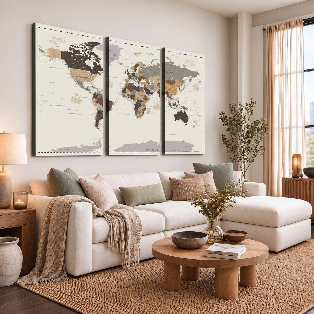 58777746-MGV-CV-36X24 - Custom Beige Modern Push Pin World Map Canvas Print, Places Visited Tracker, Bedroom and Study Decor