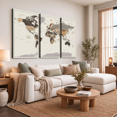 58777746-MGV-CV-36X24 - Custom Beige Modern Push Pin World Map Canvas Print, Places Visited Tracker, Bedroom and Study Decor