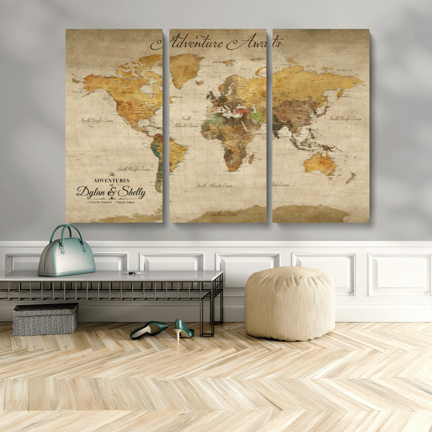 50298017-MGV-CV-36X24-Personalized World Map Print, Customizable Push Pin Framed World Map Print on Canvas - Custom Quote on Map Print