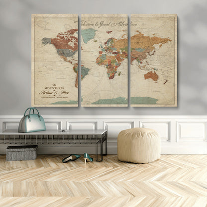17587858-MGV-CV-36X24-Custom Push Pin World Map Wall Canvas Print – Personalized Travel Tracker with Pins – Framed Custom Quotie Canvas for Home Office Decor
