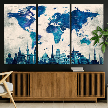 Navy Blue World Map Canvas Print, Wonder of World Map Push Pin Canvas Print