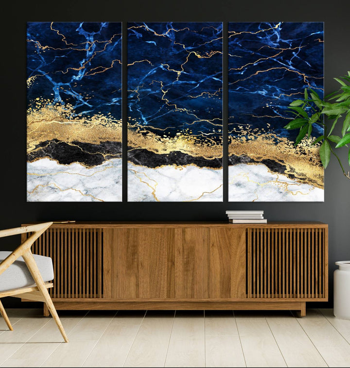 Navy Blue Marble Fluid Effect Wall Art Abstract Canvas Wall Art Print