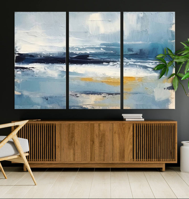 Abstract Ocean Canvas Wall Art - Coastal Blue and Gold Textured Painting, Modern Seascape Decor for Living Room Decor