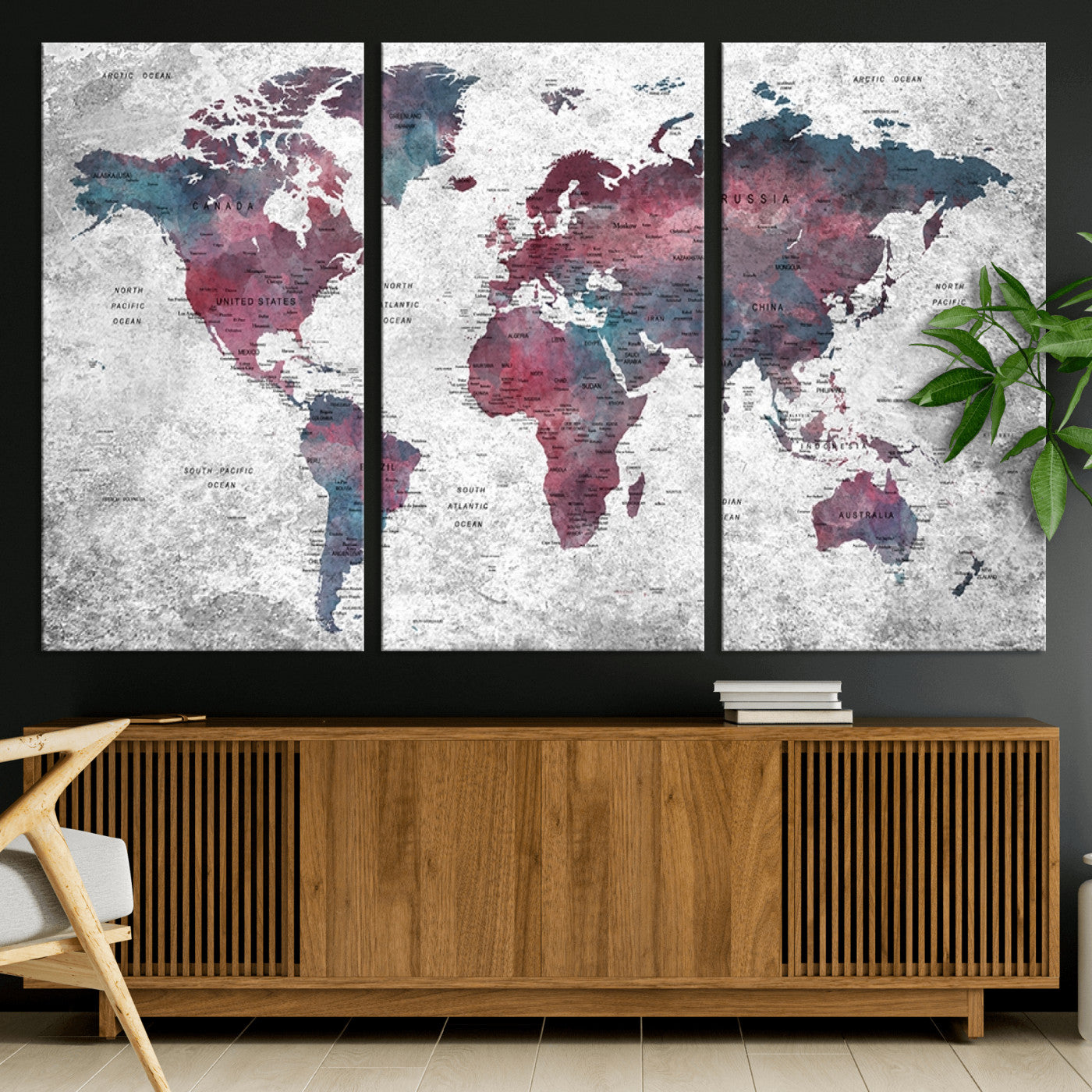 Push Pin World Map Canvas Print – Framed Wall Art for Couples to Track Their Travels – Anniversary Gift or Home Adventure Decor