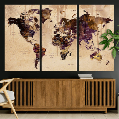 Push Pin World Map Canvas Print – Framed Wall Art for Couples to Track Their Travels – Anniversary Gift or Home Adventure Decor