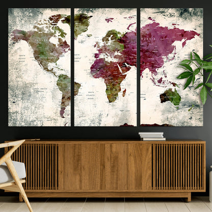 Push Pin World Map Canvas Print – Framed Wall Art for Couples to Track Their Travels – Anniversary Gift or Home Adventure Decor
