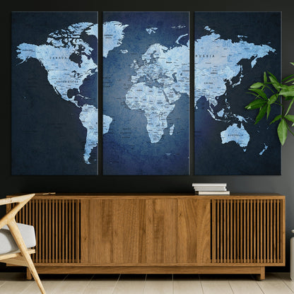 Push Pin World Map Canvas Print – Framed Wall Art for Couples to Track Their Travels – Anniversary Gift or Home Adventure Decor
