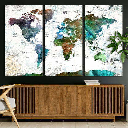 Push Pin World Map Canvas Print – Framed Wall Art for Couples to Track Their Travels – Anniversary Gift or Home Adventure Decor
