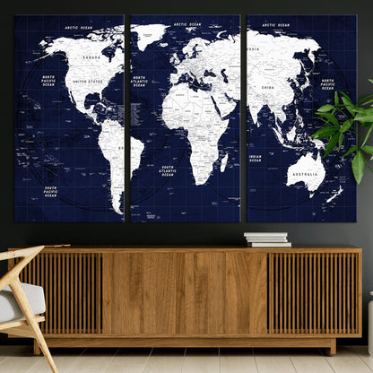 Push Pin World Map Canvas Print – Framed Wall Art for Couples to Track Their Travels – Anniversary Gift or Home Adventure Decor
