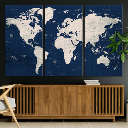 Push Pin World Map Canvas Print – Framed Wall Art for Couples to Track Their Travels – Anniversary Gift or Home Adventure Decor